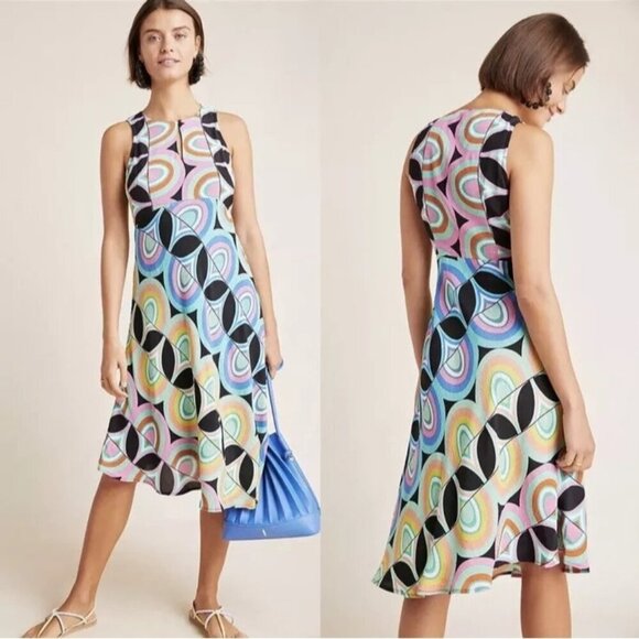 Anthropologie Kenzie Dress 70s Retro Geometric Asymmetric Midi Women's 4 - Picture 1 of 10